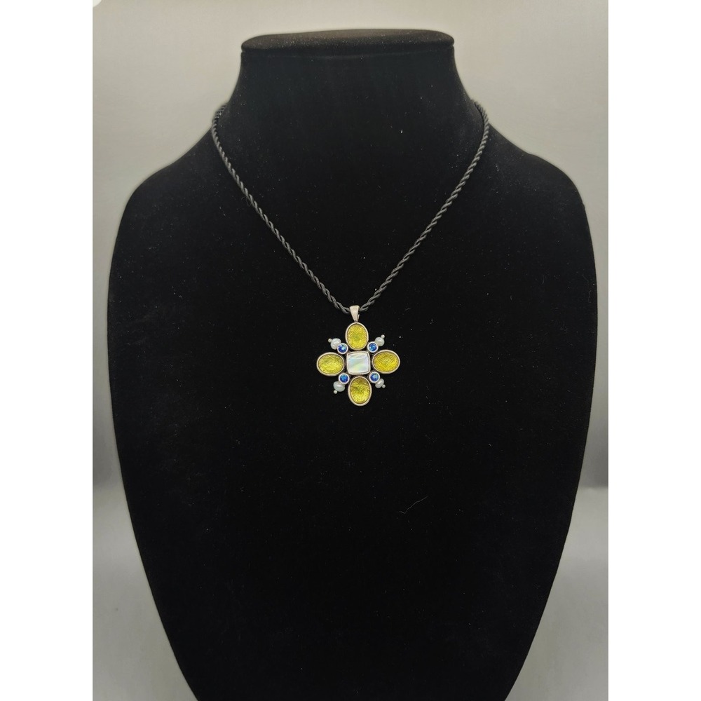 Lia Sophia Yellow Green Pendant Necklace Black Cord Adjustable